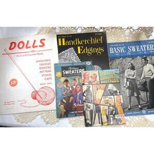 Vintage Lot of 5 Retro Pattern Booklets Knitting Crochet Sweaters 1940s-1970s